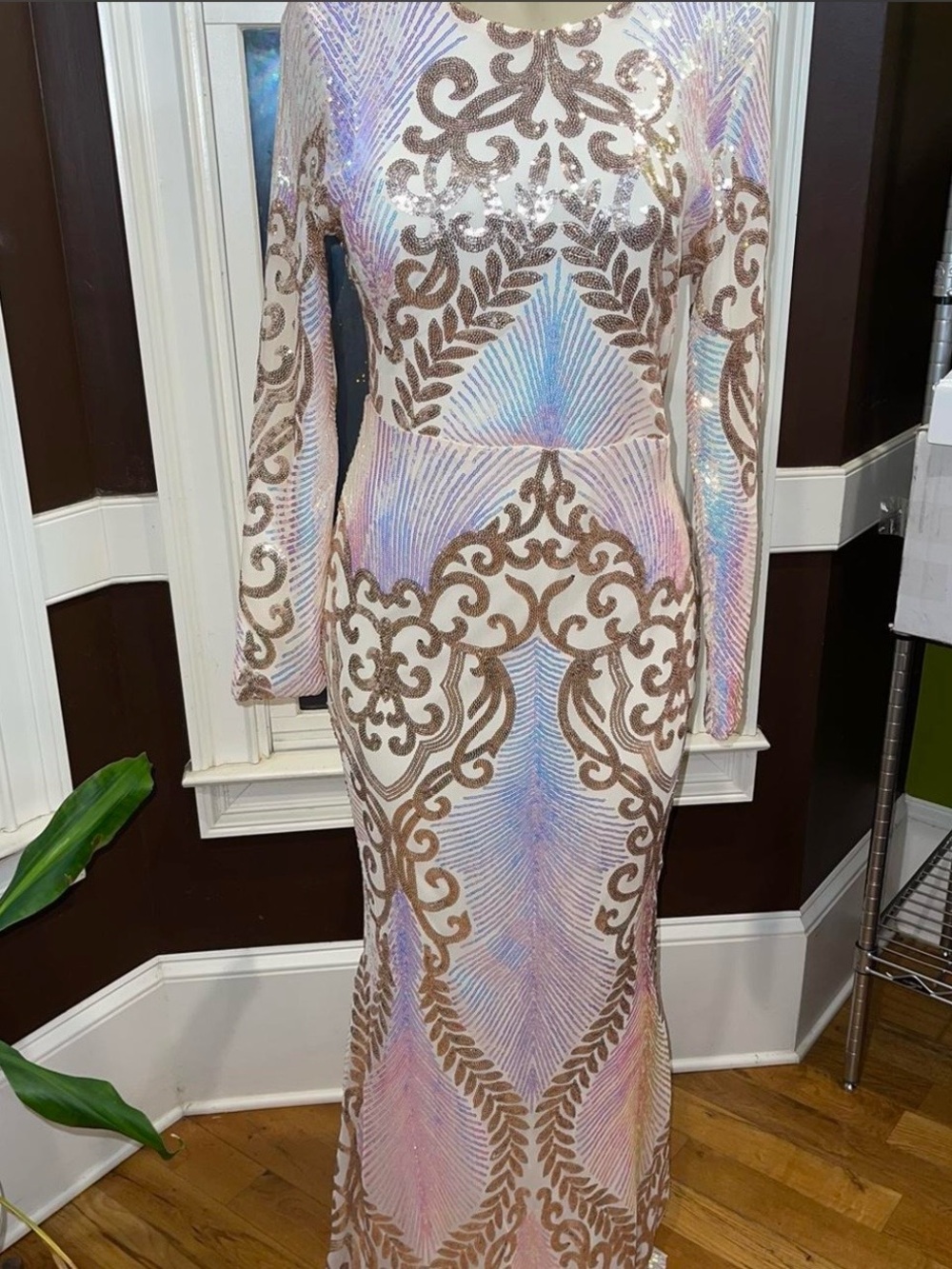 Sequin Embroidered Long Sleeve Evening Gown - White, Rose Gold